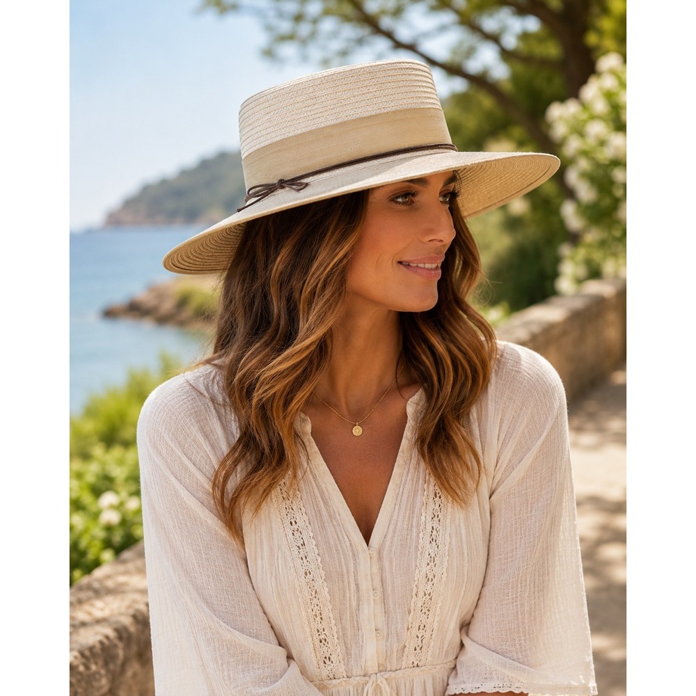 Caribbean Joe Sun Hat Womens Wide Brim Straw Tan White Beach Summer Packable